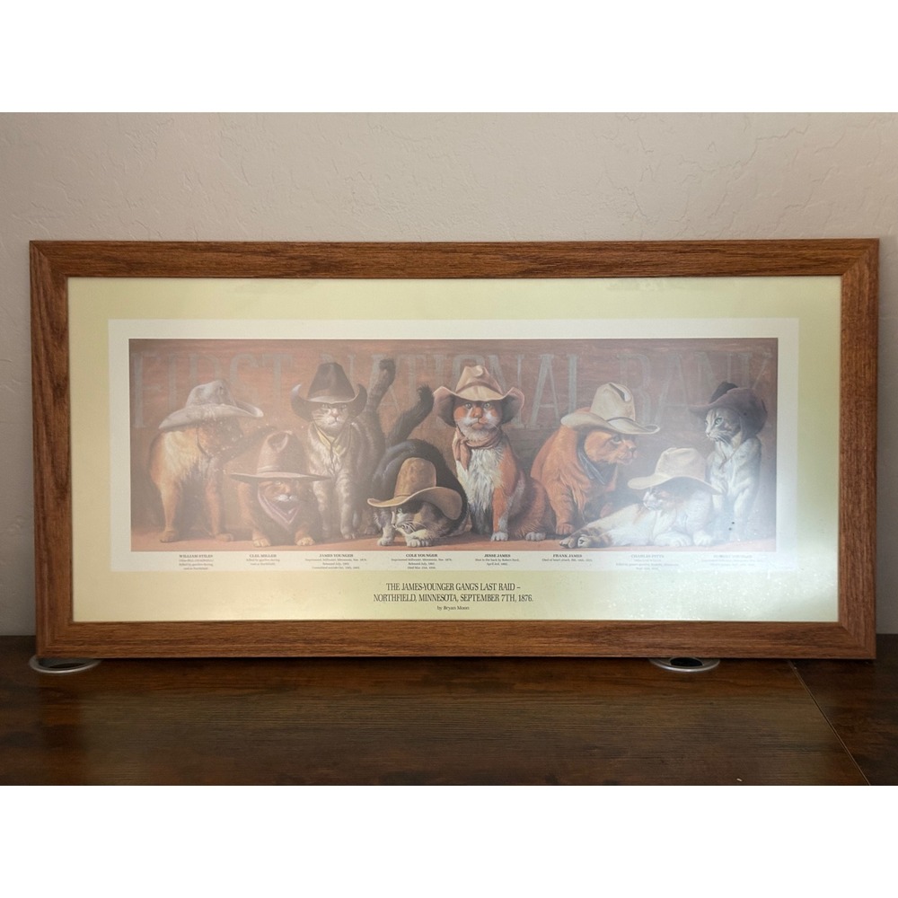 Bryan Moon Signed The James-Younger Gangs Last Raid Cat Art Framed Print 31x14